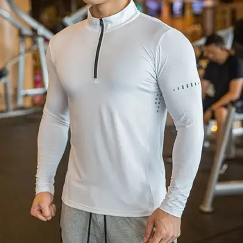 T-shirt sportiva da uomo slim fit con mezza cerniera e colletto alla coreana con maniche lunghe per la corsa, allenamento fitness, traspirante