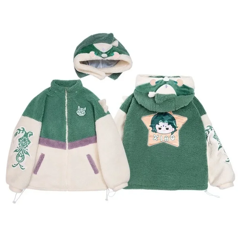 

Anime Game Cosplay Kaedehara Kazuha Xiao Men Women Plush Hoodie Zipper Jacket Winter Warm Hooded Costumes 2025