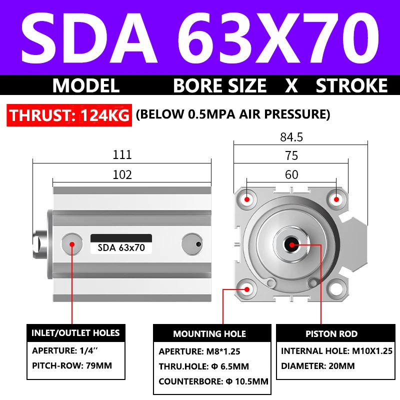 

ABILKEEN SDA63X70 SDA Series Thin Air Cylinder 63MM Female Thread Bore X 70MM Stroke Double Acting Pneumatic Compact Cylinder