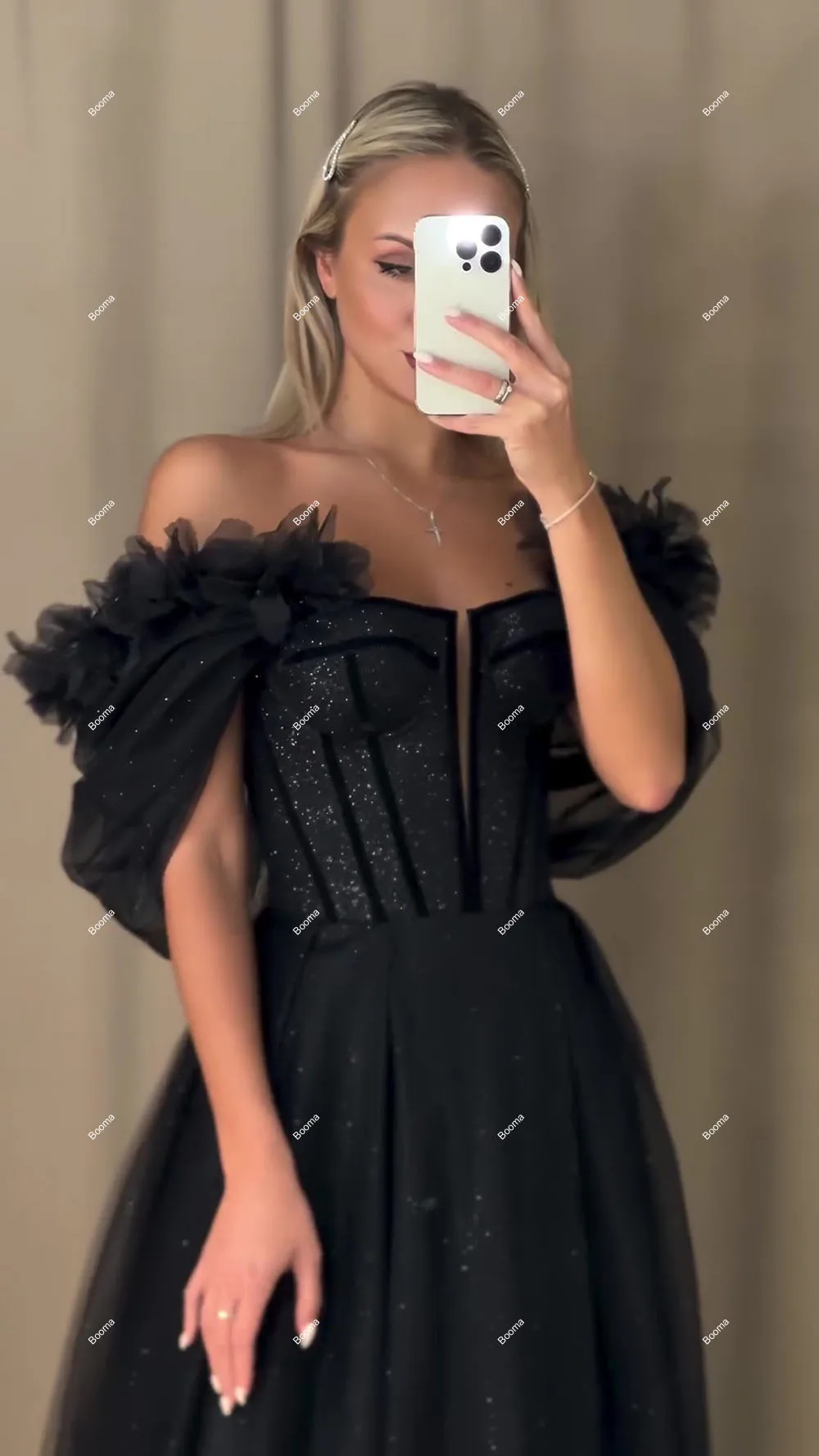 Booma Shiny A-Line Black Prom Dresses Off Shoulder Flowers Special Occasion Dress for Events High Side Slit Long Evening Dress