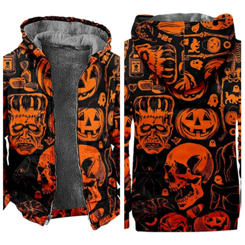 Sudadera con capucha de esqueleto de calabaza para adultos, con estampado 3D abrigo de lana, chaqueta acolchada de algodón, ropa de calle informal, disfraz para hombres y mujeres