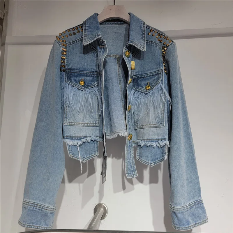 WTHT Trendy Women's New Rivet Feather Design Denim Jacket 2026 Spring Fashion Lapel Long Sleeve Coat Female 1LS3009