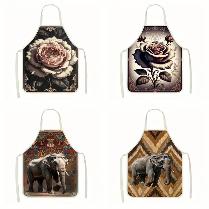 

Floral & Elephant Aprons Linen Apron, Suitable For Kitchen Cooking, Parent-Child Interaction, Painting And Other Scenarios