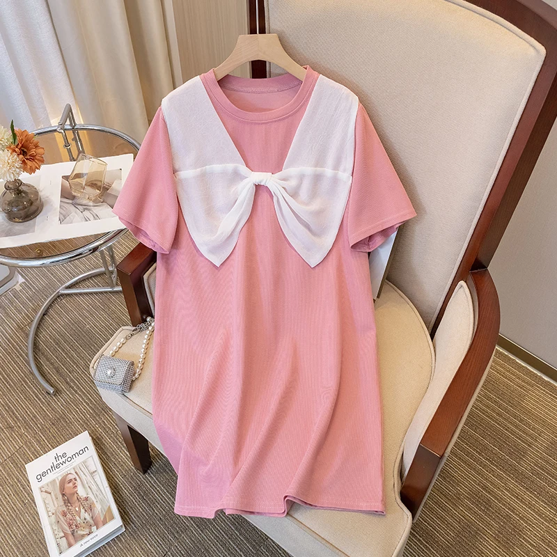 Women Mini Cotton T-shirt Dresses ​Summer Female O Neck Short Sleeve Large Size Elegant Black Pink Bow Patchwork Loose Vestidos