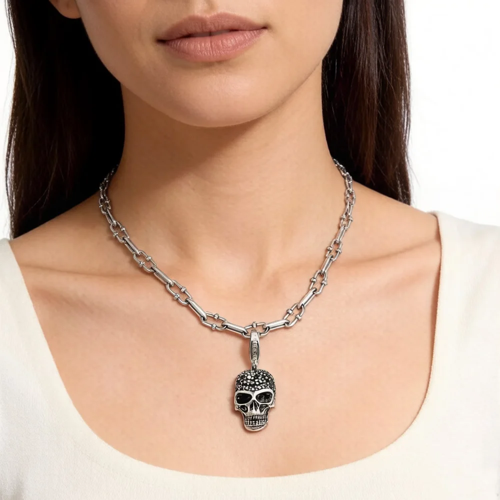 Skull Pave Charm Necklace,2020 Summer Brand New Fashion Jewelry Europe 925 Sterling Silver Bijoux Rebel Steel Gift For Women Men
