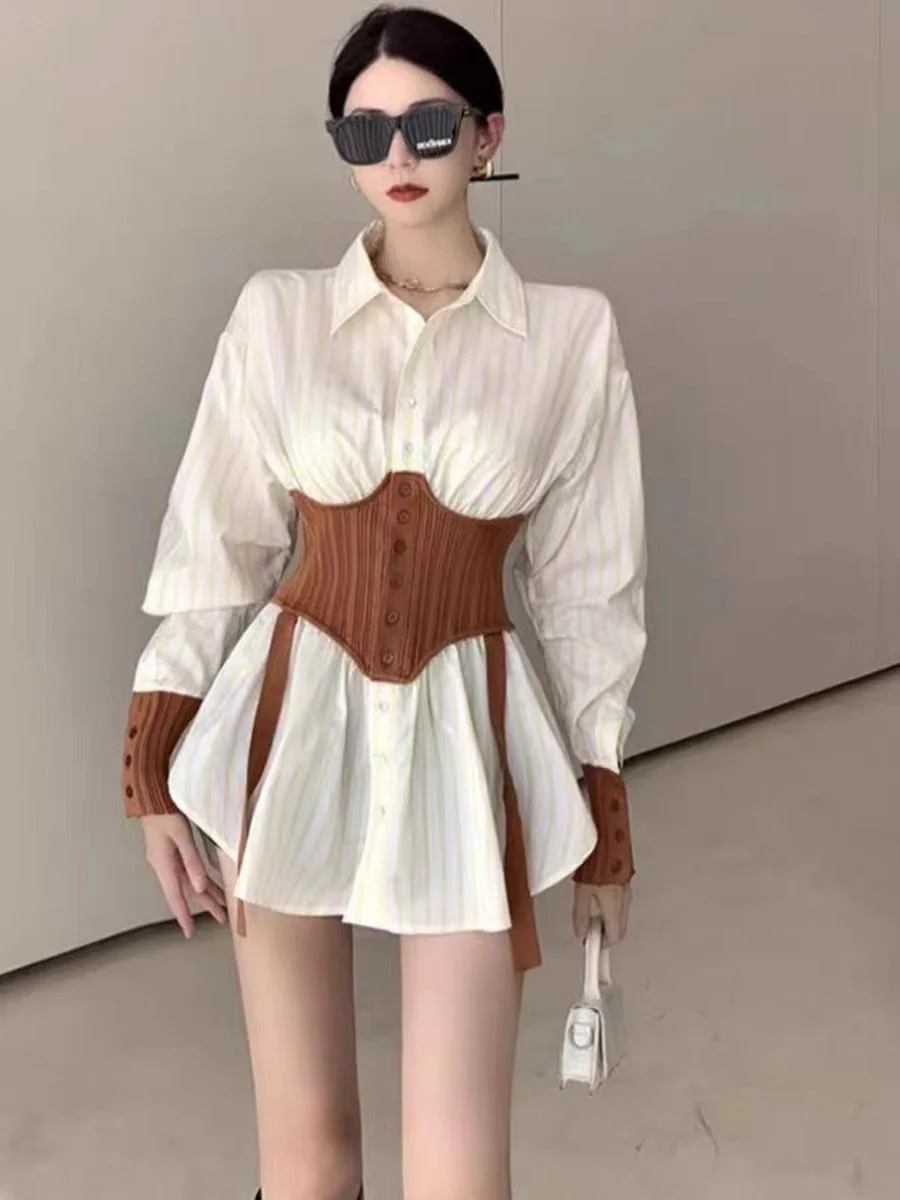 

French Fake Two-Piece Waist-Hugging Shirt Women Spring Autumn New American Style Design Niche Temperament Mid-Length Shirt