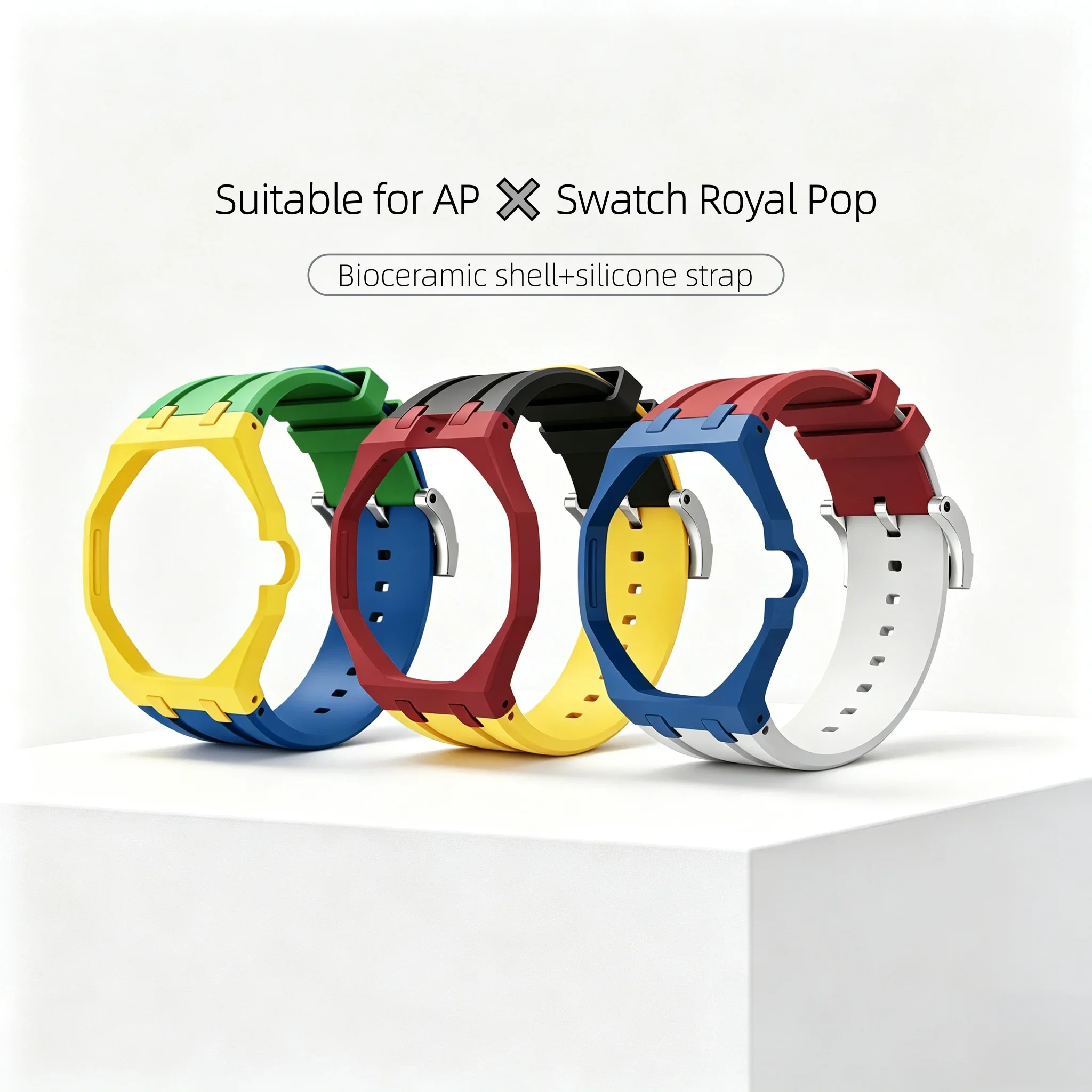 Compatible With Swatch X Royal Pop Watch,Tri-Color Integrated Silicone Strap Mod Kit Fold Buckle Accessories