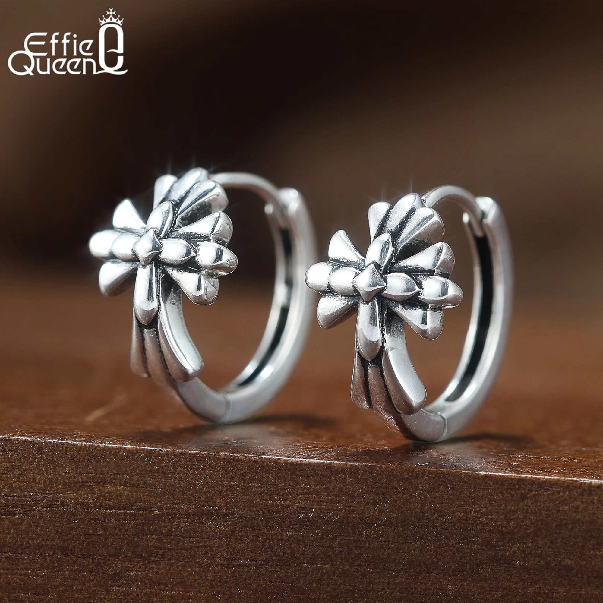

Effie Queen New S925 Silver Rhodium Plated Cross-Shaped Hoop Earrings Retro Craftsmanship Jewelry Men's Earrings Banquet NME01