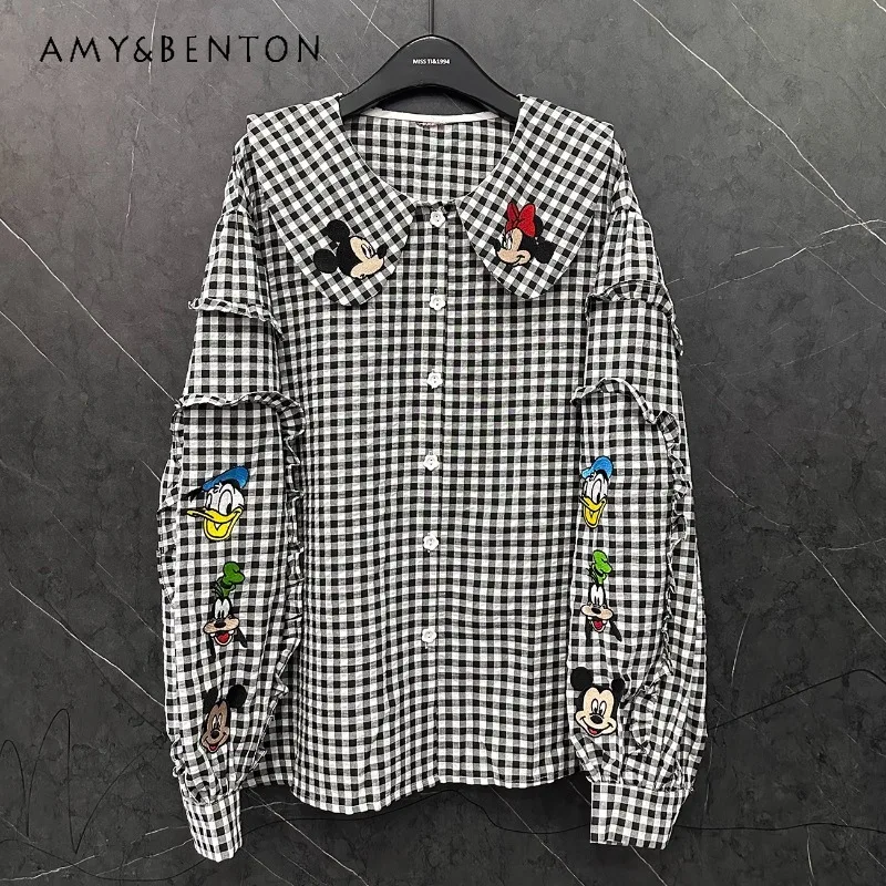 

Chic Embroidery Cartoon Doll Collar Long Sleeved Black And White Checked Blouse New Loose Versatile Shirts 2025 Spring Top Women