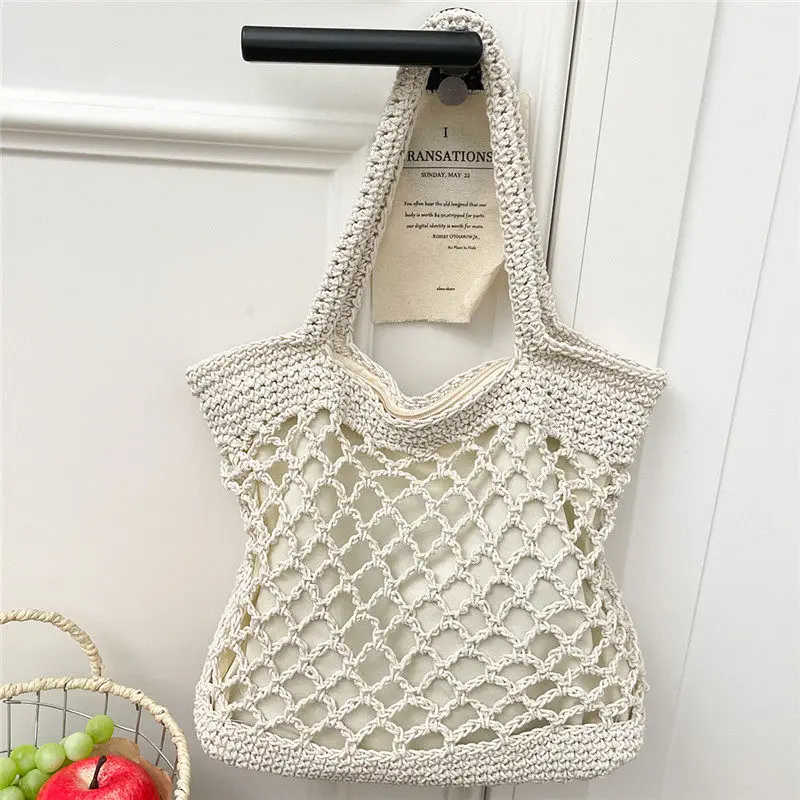 New Solid Color Cotton Thread Crochet Handbag Summer Hollow Out Weaving Fashion Shoulder Bags Beach Vacation Women's Bag