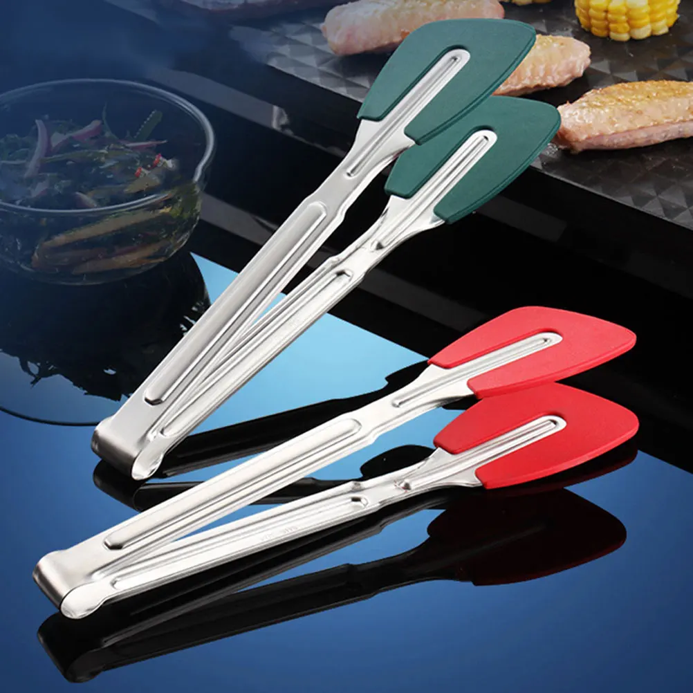 

2pcs Stainless Steel Food Tongs Bakery Dessert Clamp Silicone Grip Smooth Handle Ergonomic Kitchen BBQ Steak Serving Tools Red