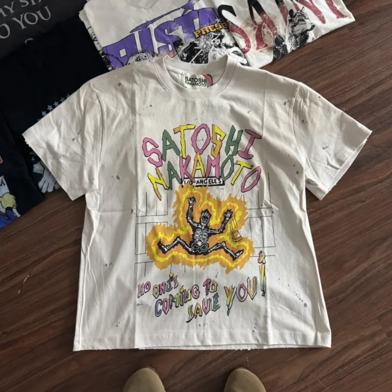 Vintage Distressed Washed Worn SATOSHI Tshirt Splashing Ink Colorful Graffiti Letters Flames Skeletons Short Sleeve Men Women