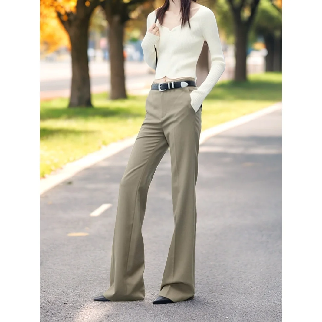 

Новые осенние брюки с высокой талией, драпированные, широкие, элегантные, для офиса, стандартной толщины, длинные, шерстяные.