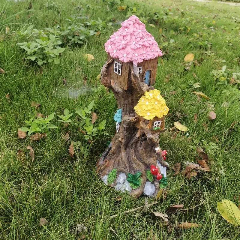 Mysterious Tree House Solar Garden Statues Balcony Outdoor Decor Courtyard Garden Decoration Landscape Night Light Ornament
