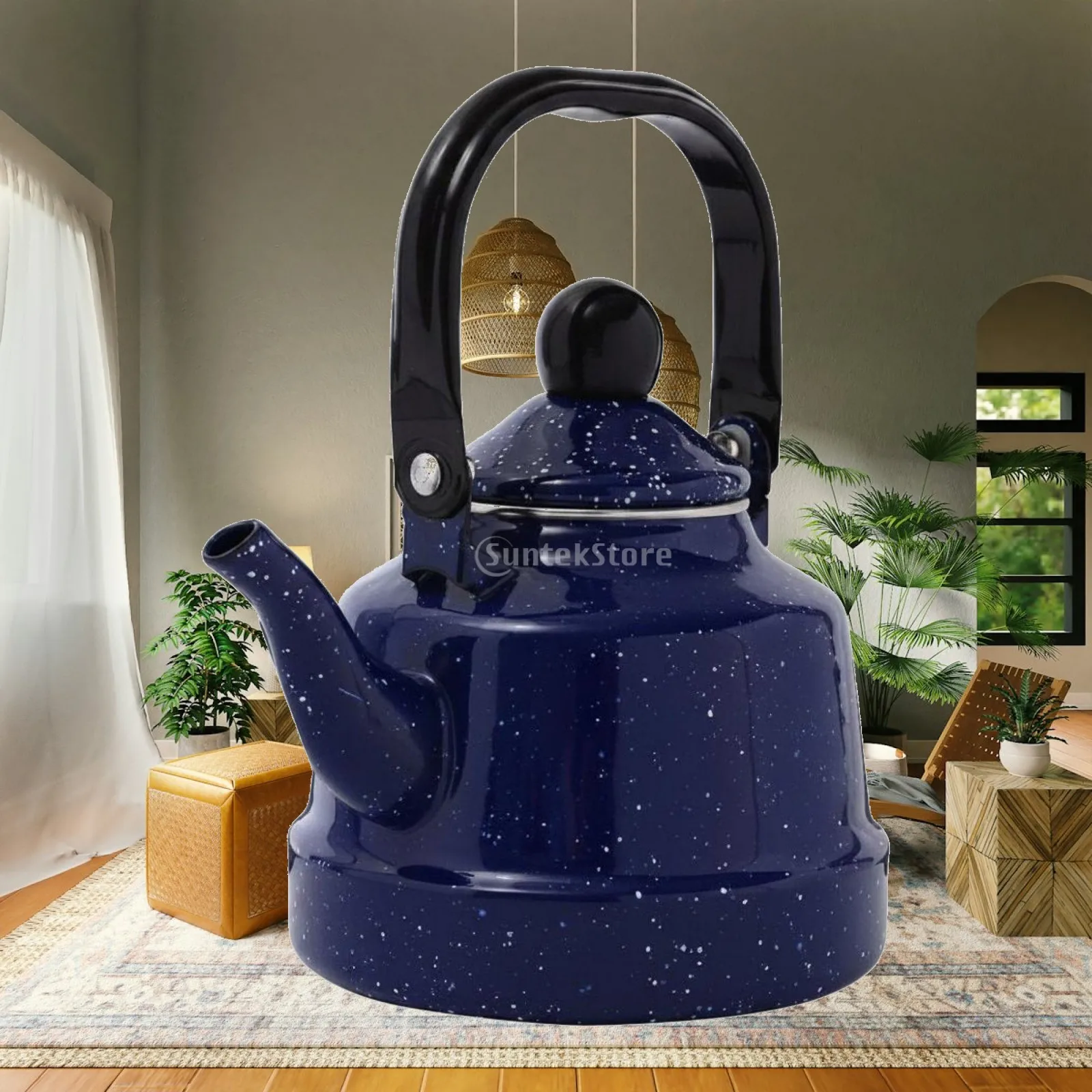 Enamel Kettle Classic Blue Portable Tea Kettle Stainless Water-filtering Spout for Home Kitchen Tea Ceremony