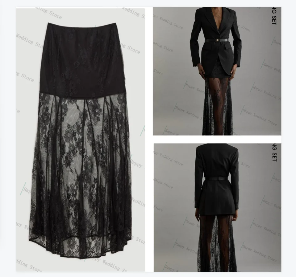 

Black Women Suit Skirt Set 2 Pcs Blazer+Lace Prom Dress Belted Formal Office Jacket Customized Wedding Tuxedo Cotton Coat