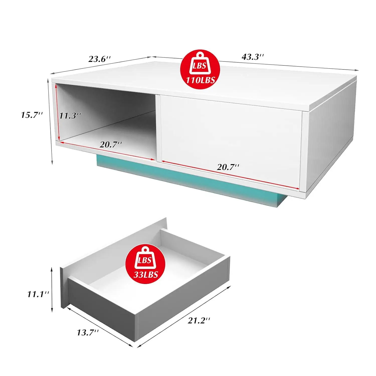 White LED Coffee Table High Gloss Drawer 16-Color Light Rectangle Side Storage Shelf Living Room 23.6