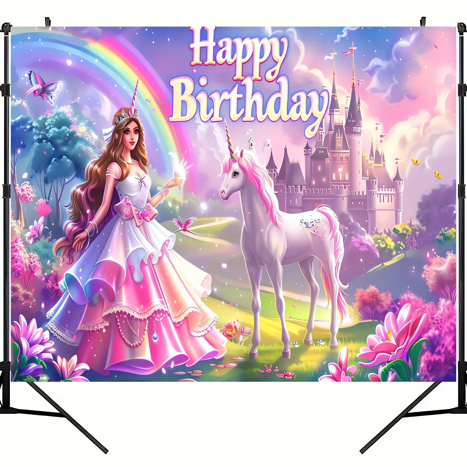 Princess theme Castle birthday banner, Unicorn theme birthday background, Rainbow party decoration, background banner