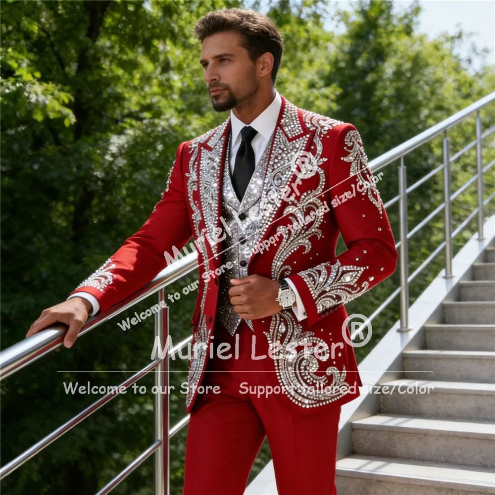 

Luxury Men's Suits 3 Piece Sets Sparkly Sequin Beaded Stones Groom Formal Wear Tuxedos Customized Man Banquet Blazers Outfits