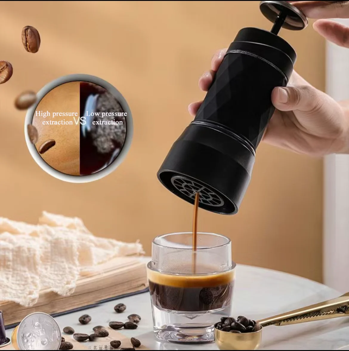 Portable Coffee Maker Espresso Machine Hand Press Capsule Ground 3 In1 Coffee Brewer Portable for Travel and Picnic