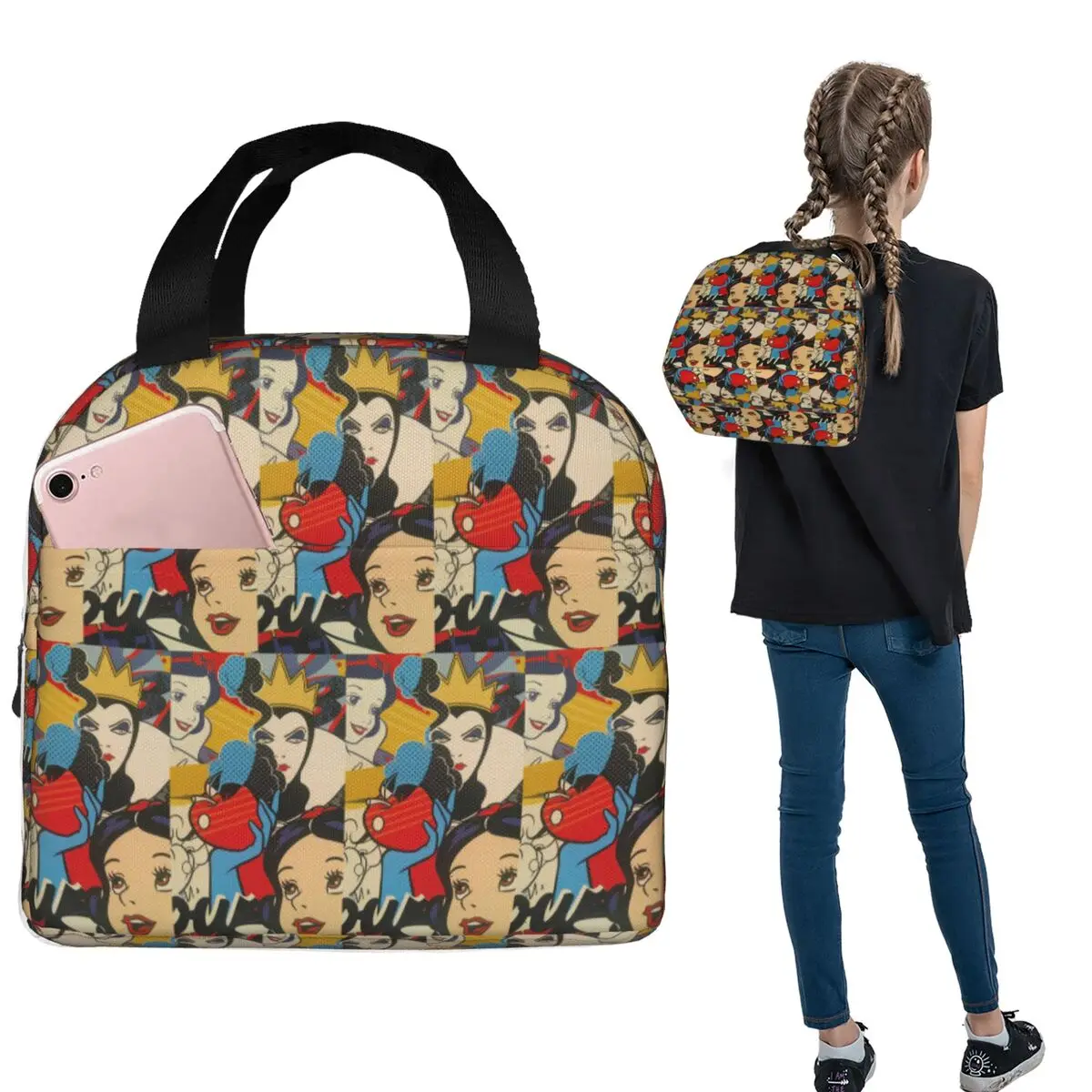 Cartoon Snow White And Villains Insulated Lunch Bag for Women Kids Portable Food Boxes Thermal Lunch Box Tote