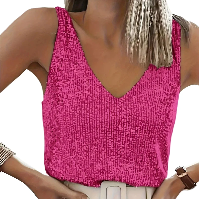 Damen-Pailletten-Tanktop mit V-Ausschnitt, ärmellos, glitzerndes Camisole-Top, Glitzer-Party-Weste, Clubwear, lässige Bluse, футболка+женская – Detail 4