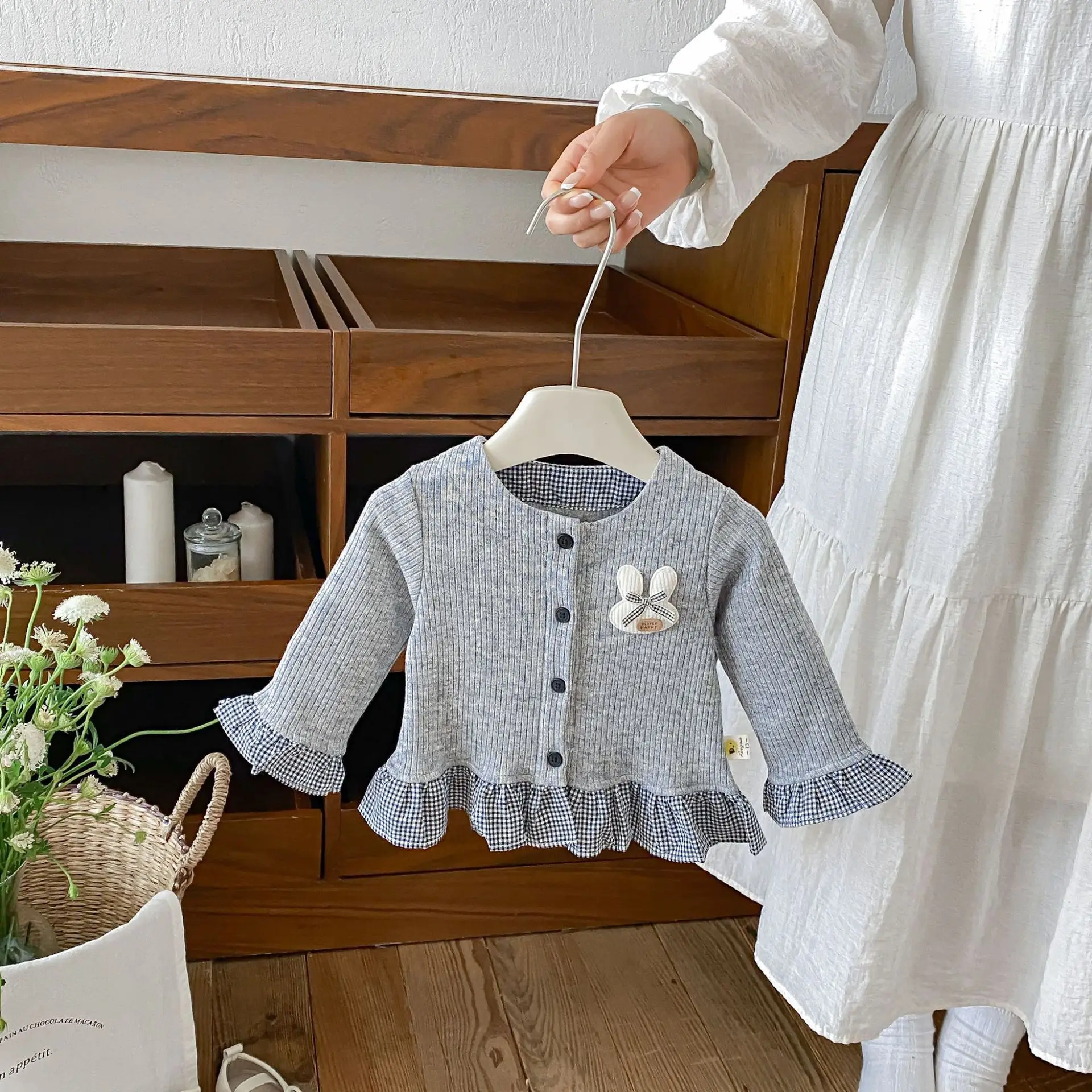 2026 Autumn New Baby Long Sleeve Splicing Plaid Coat Solid Girls Cute Cartoon Knitted Cardigan Infant Toddler Clothes