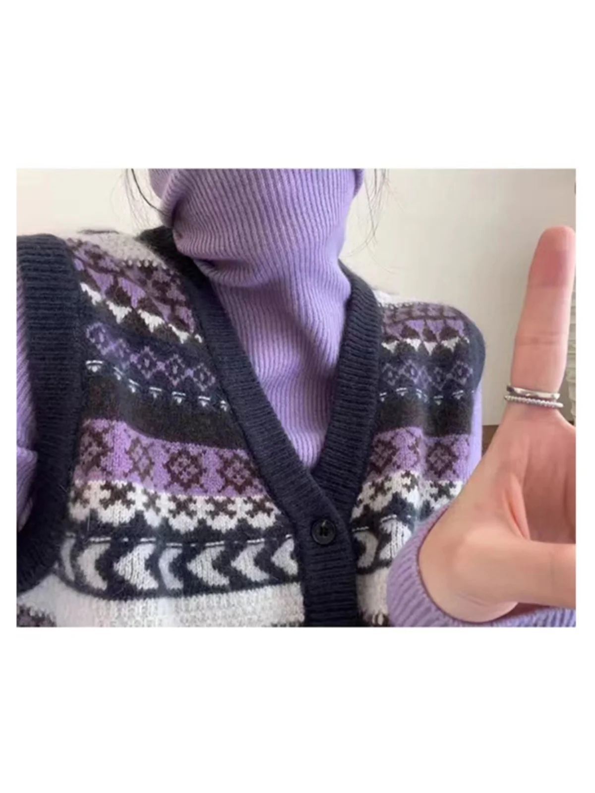 เสื้อกั๊กไหมพรมถักลายวีเนื้อนุ่มสไตล์เกาหลีสำหรับผู้หญิง แฟชั่นฤดูใบไม้ร่วงฤดูหนาว สไตล์เรโทร ลาย Fair Isle แบบคลุมไหล่