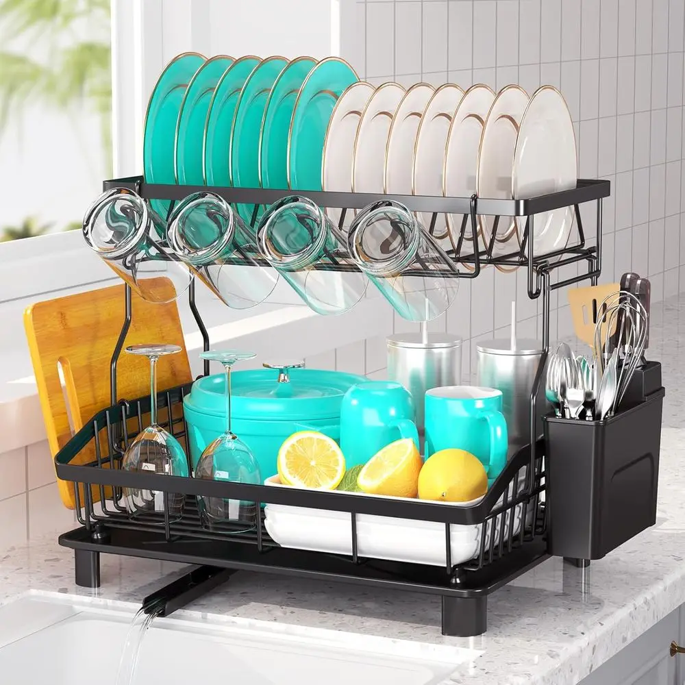 

Dish Drying Rack - 2 Tier Large acity Dish Rack- Dish Racks or Kitchen Counter with Drainboard, Rustproo Dish Drainer with Remov