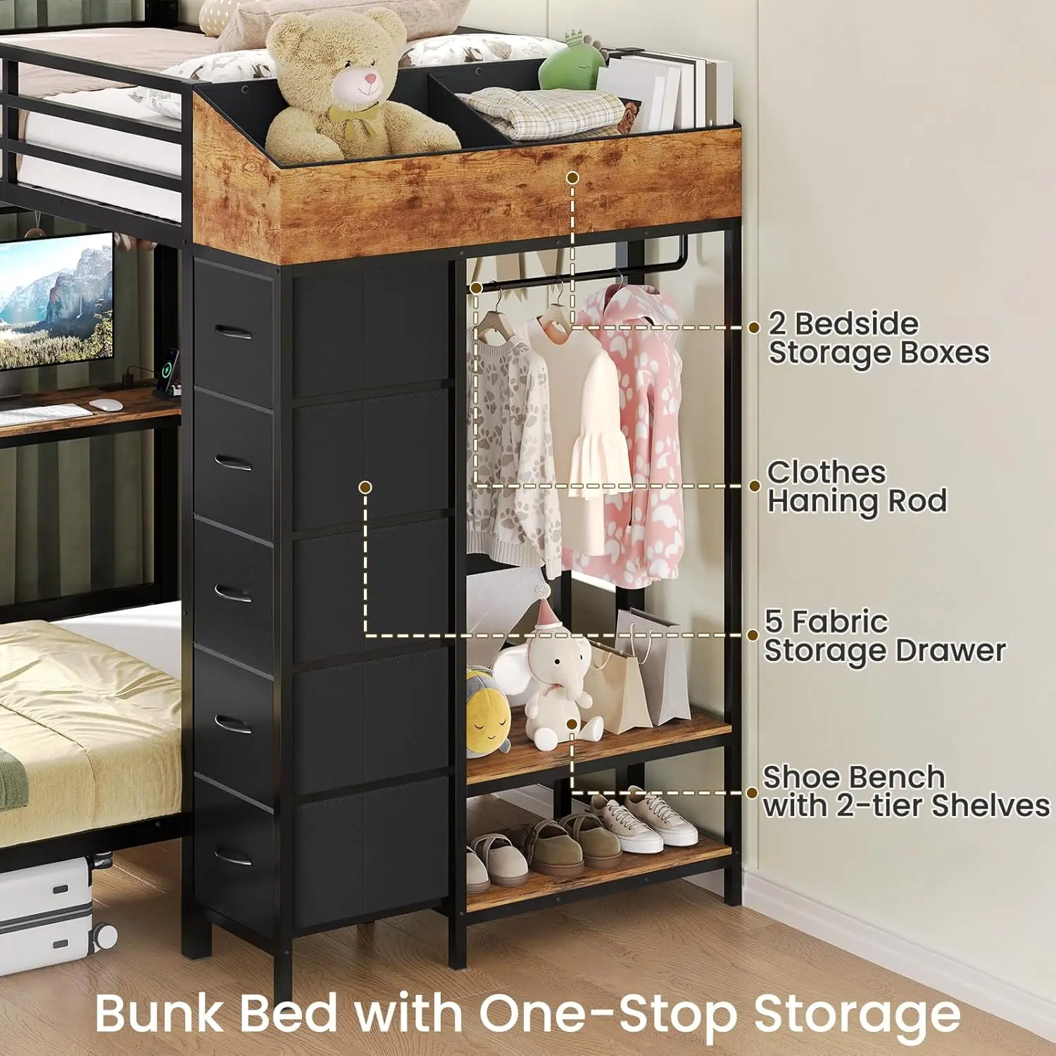 Bunk Bed Twin Over Twin with 5 Storage Drawers, LED Lights and Hall Tree, L-Shaped Bunk Bed with Desk, Charging, view 5