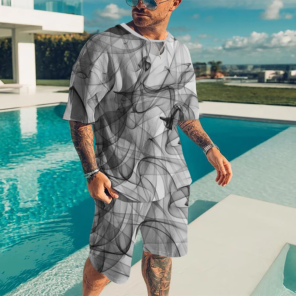 Verão masculino conjunto de camisetas de moda + shorts 2 peças simples upsacle cinza hip pop outfit harajuku oversized rápida seco impressão 3d