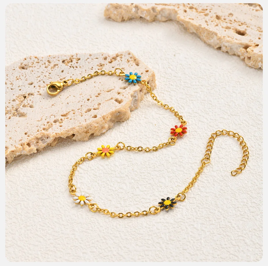 Vnox Edelstahl Buntes Gänseblümchen-Fußkettchen für Damen, Goldfarben Emaillierte Blumen-Fußkette Wasserfester Strandschmuck – Detail 6