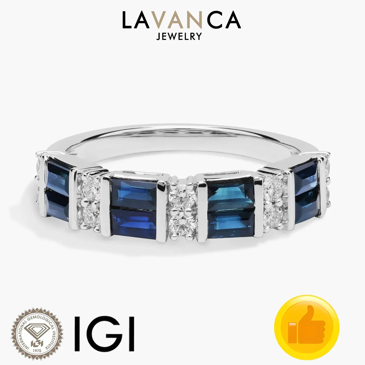 

Baguette Lab Grown Sapphire Ring 9K/14K/18K White Gold Lab Sapphire Diamond Ring Round Lab Diamond Accents Engagement Ring