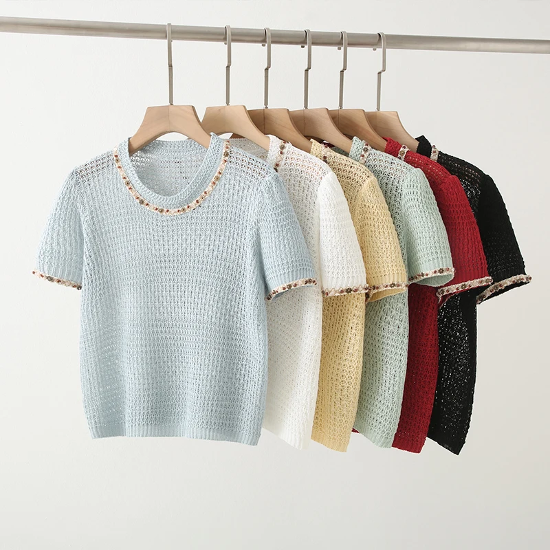 Summer 2025 Fashionable Hollow out Short Sleeve Knitted Top Women's Premium Quality Beaded Heavy Work Lightweight Inner Wear