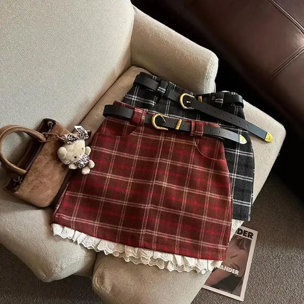 Women's High Waist Tartan Mini Skirt Wool Blend Fabric, Ruffled Lace Trim, Detachable Belt, A-Line Plaid Skirt