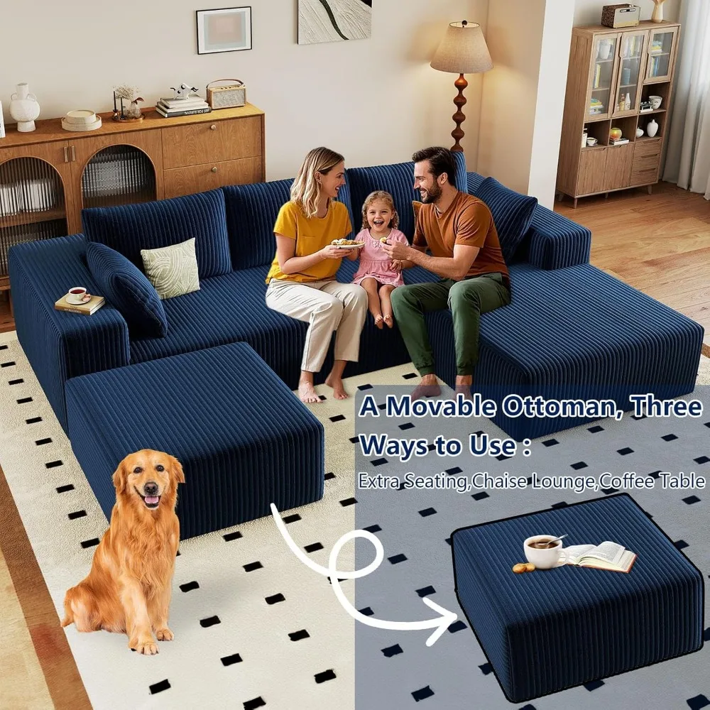 أريكة مقطعية حديثة مستوحاة من السحابة على شكل حرف U بثلاثة مقاعد مع مقاعد عميقة وعثمانية من نسيج سروال قصير