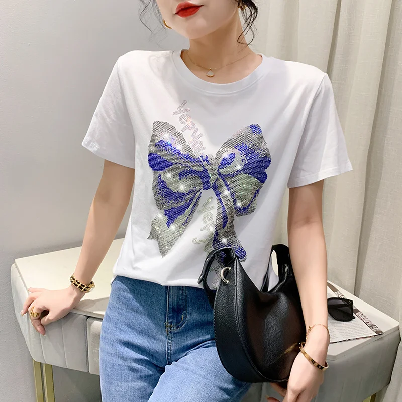 #5371 Summer Short Sleeve T Shirt Women Black White Red Green Cotton Diamonds Casual Women's Tee Shirt O-neck Korean Style