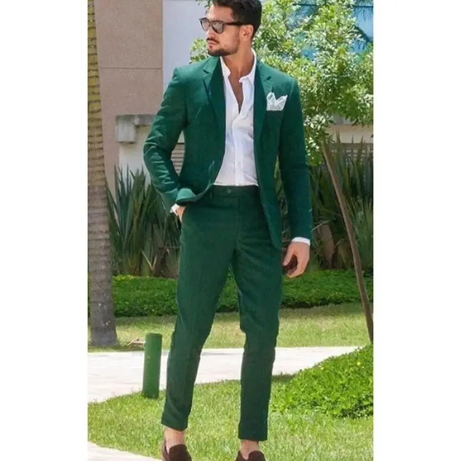 High-end Green Men Suit Two-pieces(Jacket+Pants) Set Slim Fit Fashion Handsome Male Formal Clothing