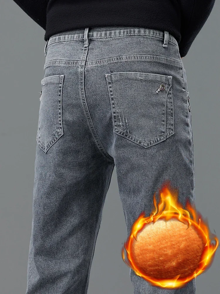 厚手暖かいスリムフリースジーンズメンズ冬新作ビジネスストレッチベルベットパンツ韓国風グレープラッシュデニムパンツ男性用