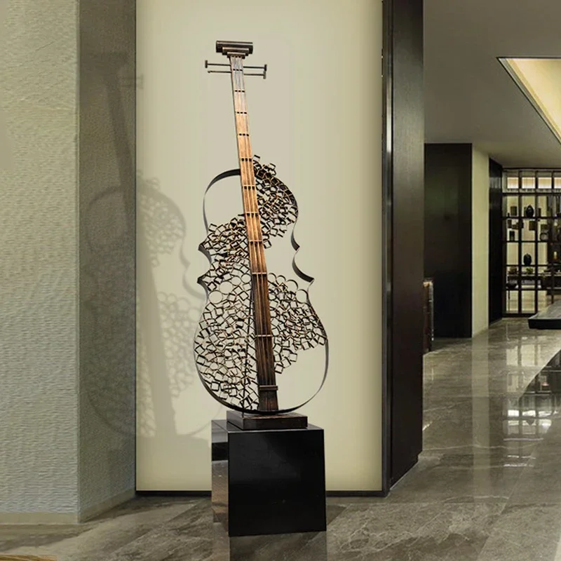 Neoclassical Musical Instrument Art Decorations Wrought Iron Metal Sculpture Large Violin Floor Ornaments