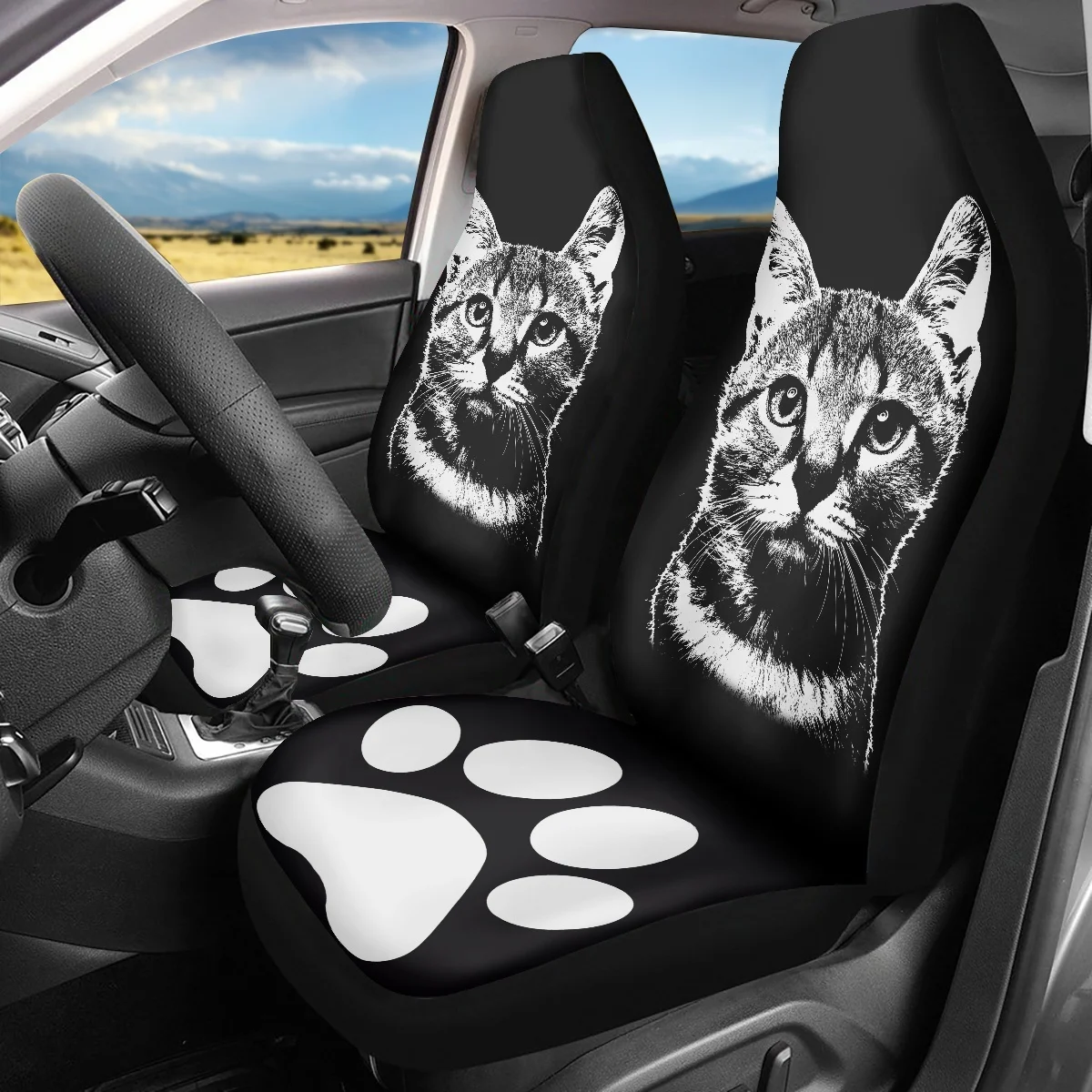 Black and White Cats Design Cats Footprint Print 2 Pieces Universal Car Seat Covers Made of Polyester Fabric Cushion Protection