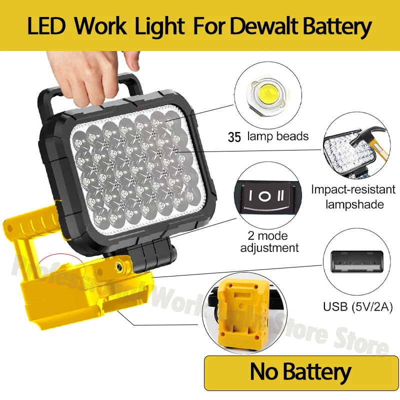 5 polegadas para dewalt luz de trabalho 18v bateria de lítio sem fio luzes led compatível dcb204 dcb206 lanterna portátil ao ar livre 3600lm