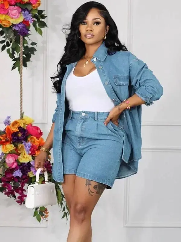 

Long Sve Denim irt And ort Pants Set Women's Spring Faion Casual Wear Polyester Material 8-25 Years Old Suitable