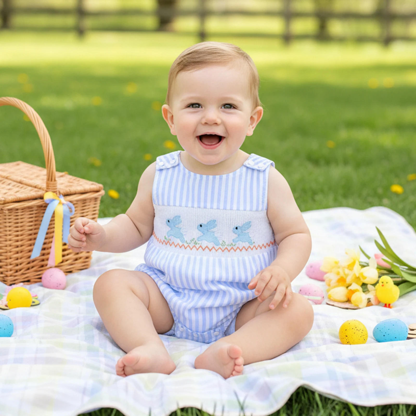 

Blotona Infant Baby Boys Girls Easter Rompers Bunny Carrot Embroidered Stripe Round Neck Sleeveless Bodysuits