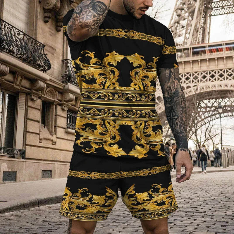 Summer Men\'s Suit Gold Pattern Print T-shirt Shorts 2-piece Set Prestige and Elegant Casual Clothes High Street Baroque T-shirt