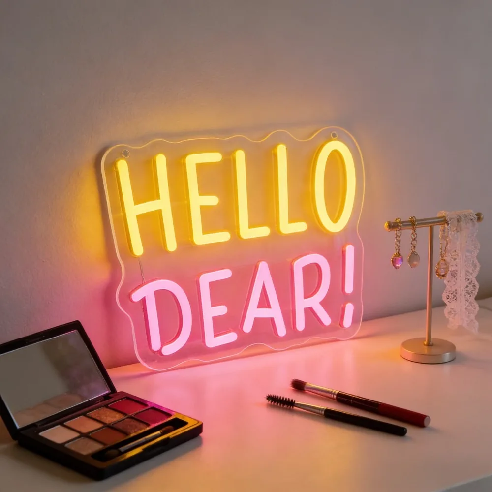 

Неоновая вывеска «Hello Dear»: Желто-розовый светодиодный декор для спальни, туалетного столика, комнаты для макияжа, романтический подарок, освещение для дома и кафе