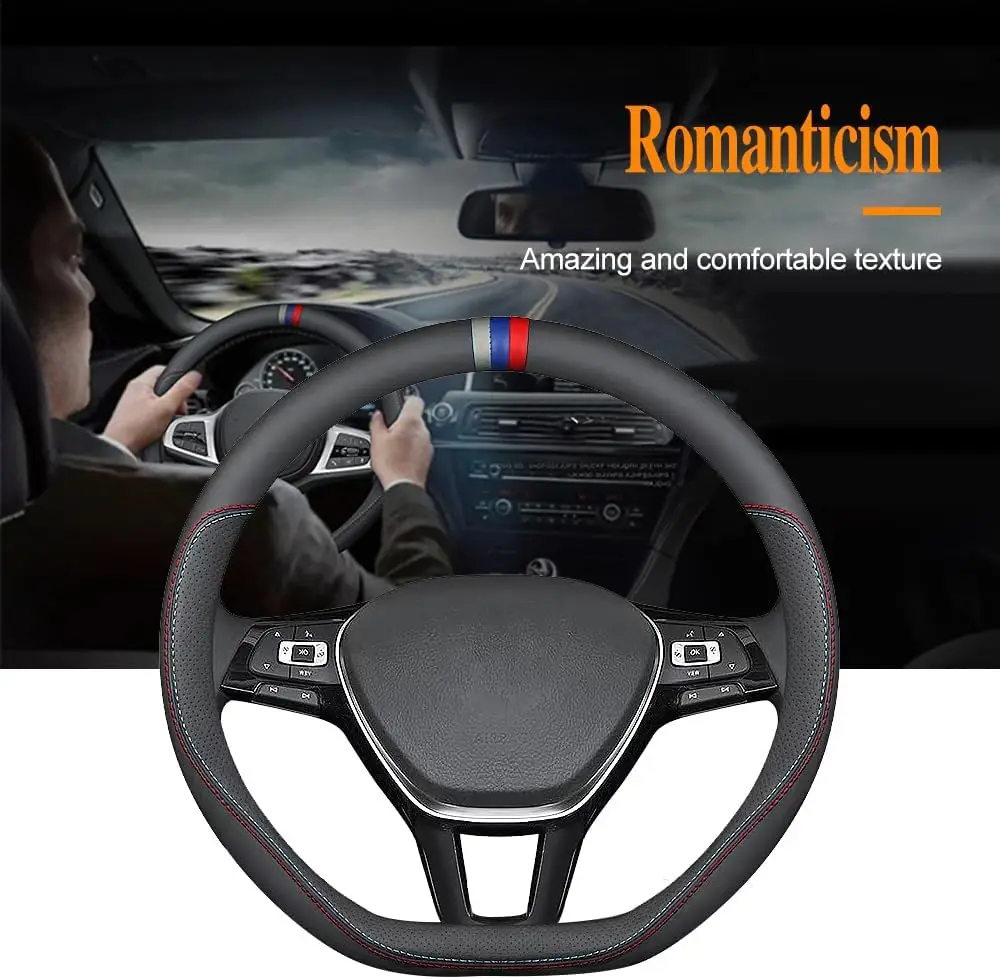 High Quality Leather Stylish Non-Slip Car Interior 15 Inches Universal D-Shape Black Four Season Car Steering Wheel Cover