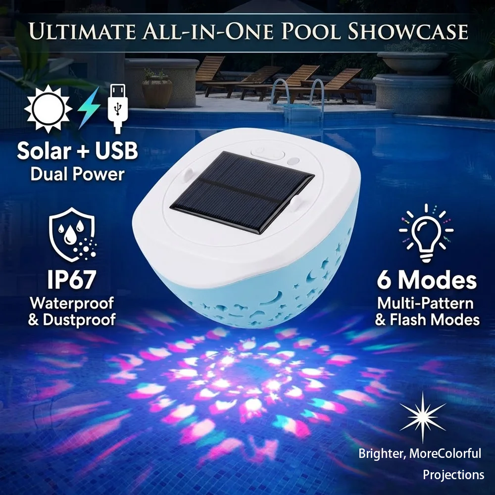 Solar Floating Pool Lights, IP67 Waterproof RGB LED Hot Tub Light with Fish Projection, Solar & Type-C USB Charging 2-in-1