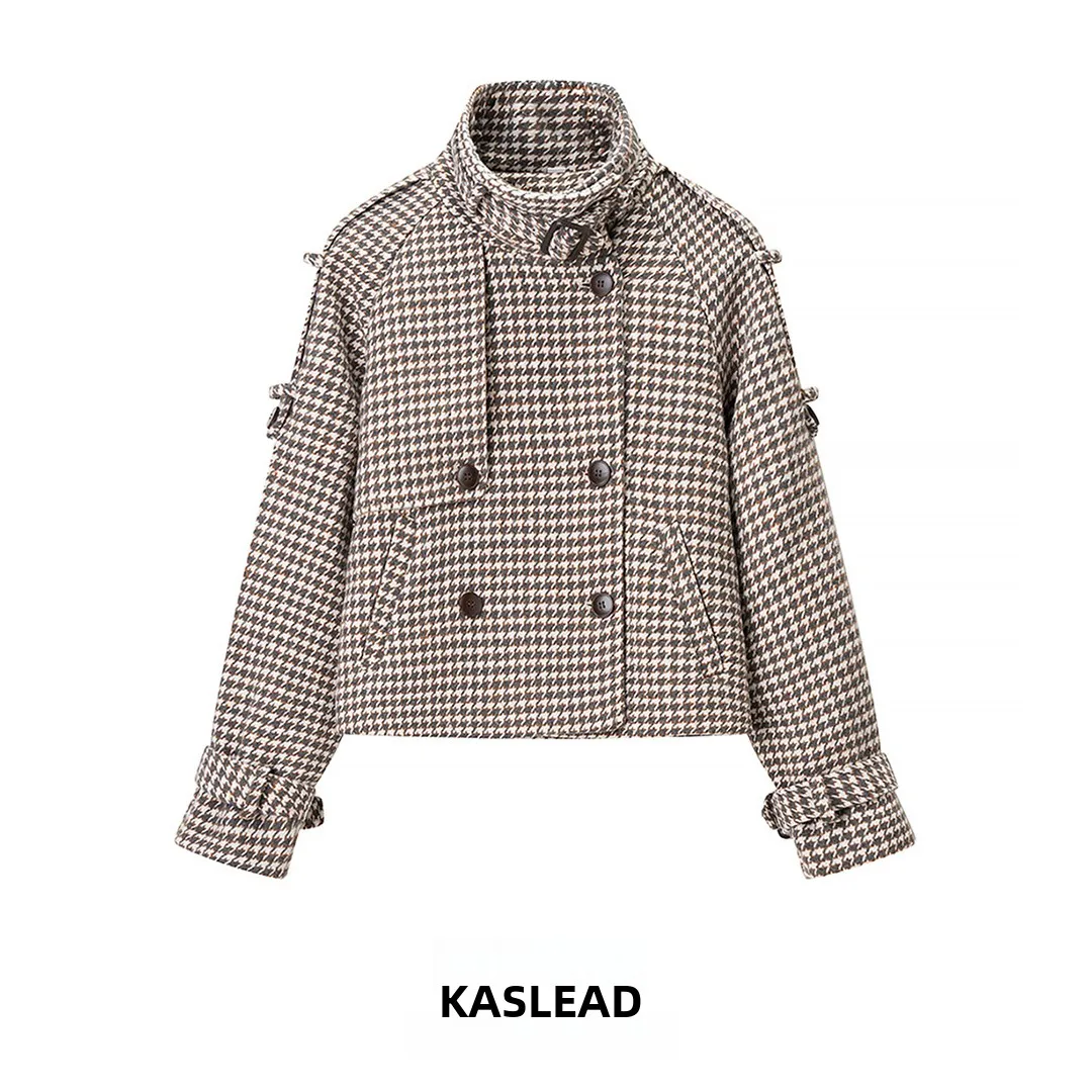 

KASLEAD новое женское модное шерстяное пальто в клетку Street Sle с длинным воротником-стойкой, двубортное, стандартной длины