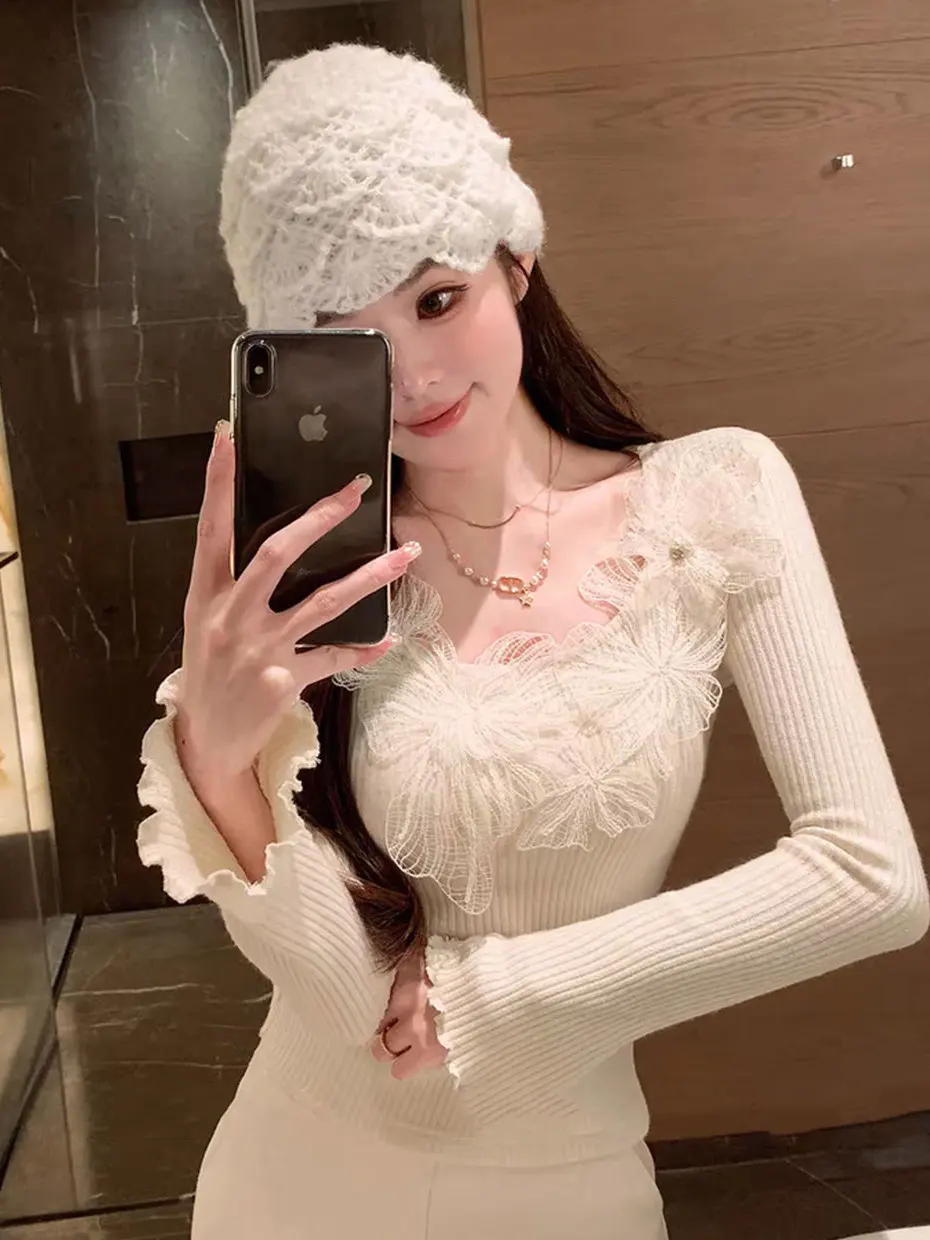 

Lace Flower Fur Inner Wear Bell Sleeve Knitted Sweater Women Spring Autumn Winter Elegant High End Slim Fit Base Shirt Top